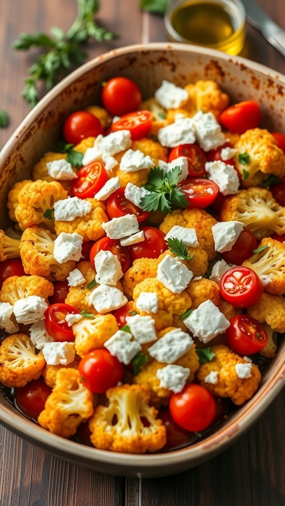 Greek Cauliflower Bake with Tomatoes A baked dish of cauliflower and tomatoes topped with feta cheese, garnished with parsley.